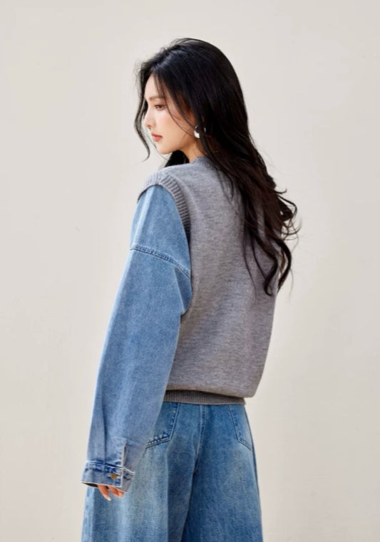 會藍牛仔拼接衛衣