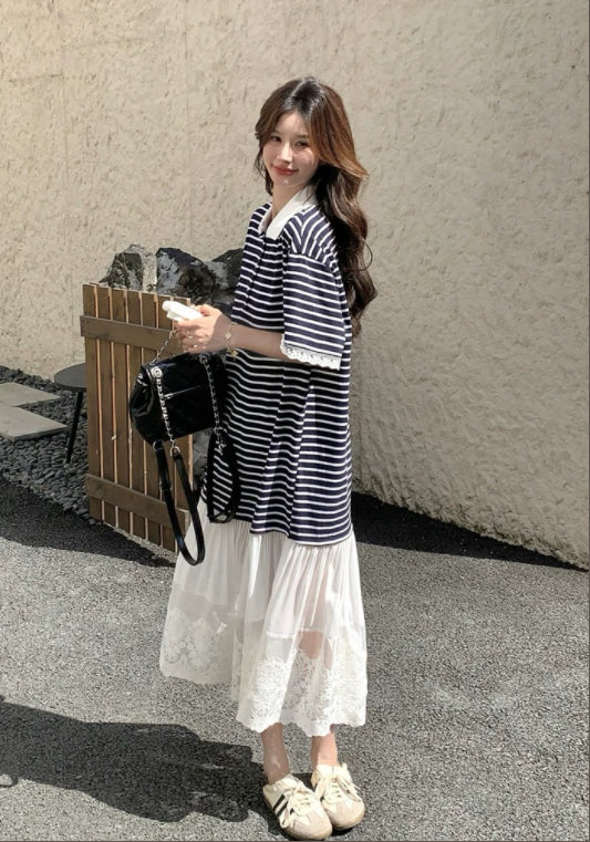 條紋蕾絲拼接裙