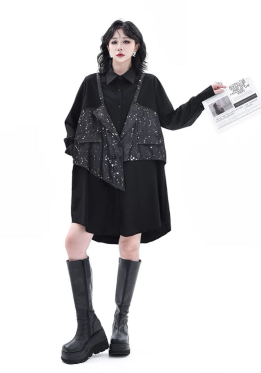 亮片背心拼接裙