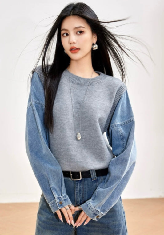 會藍牛仔拼接衛衣