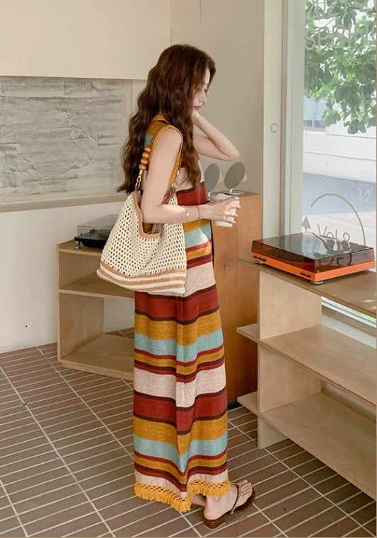 彩條紋背心裙