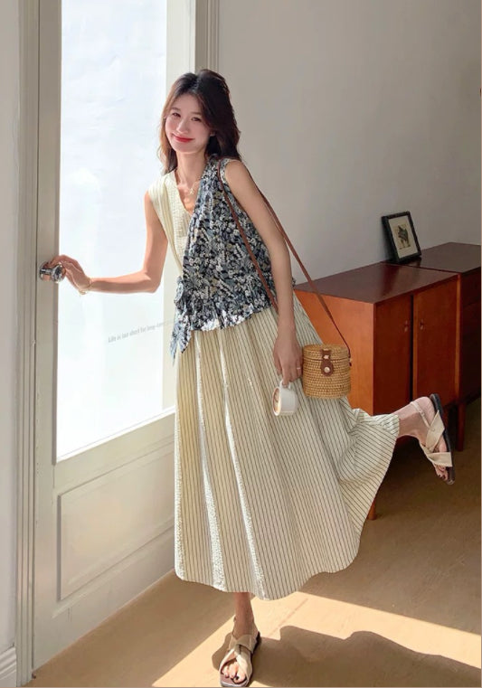 條紋碎花拼接裙