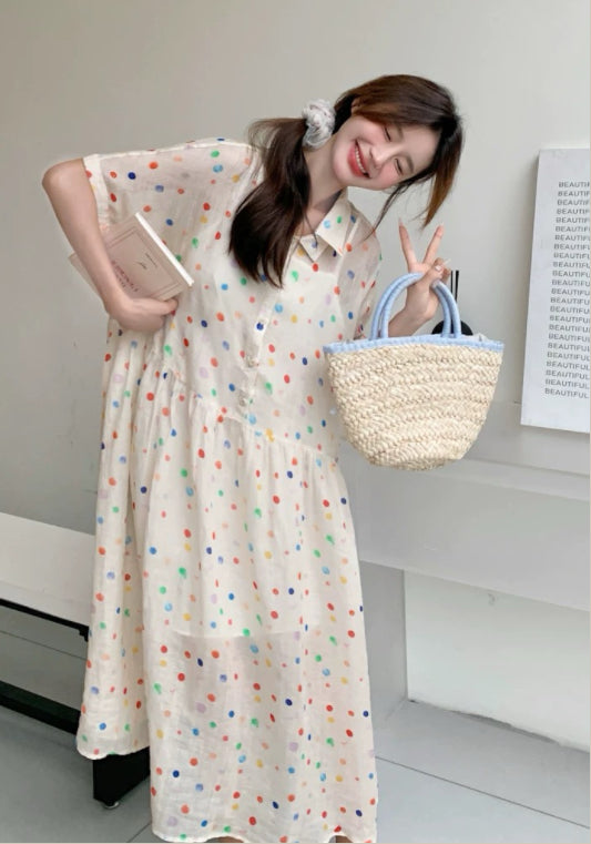 彩色波點連衣裙