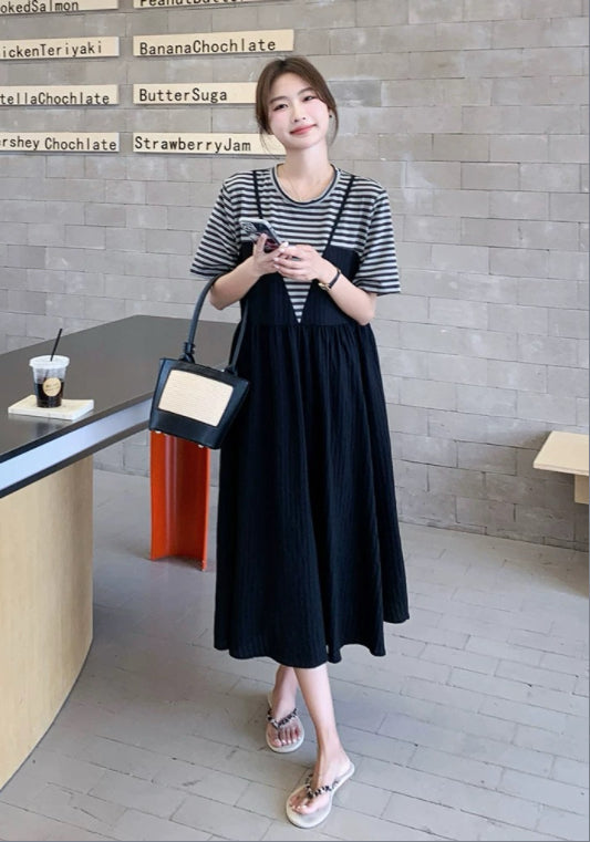 寬鬆條紋拼接裙