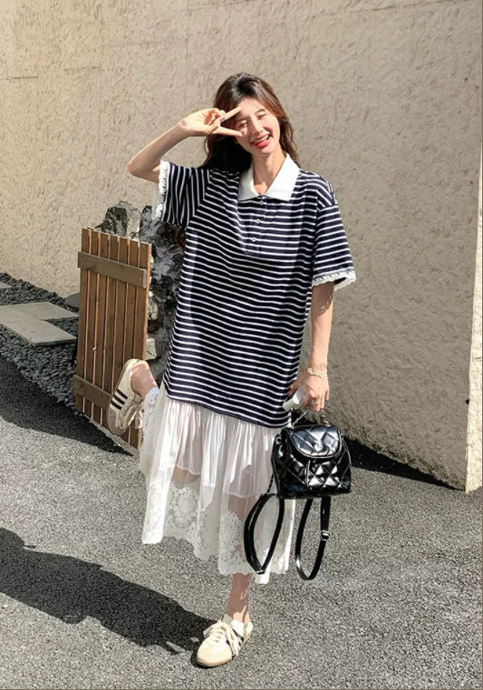 條紋蕾絲拼接裙