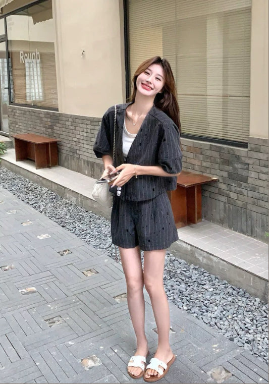 條紋短西裝兩件套