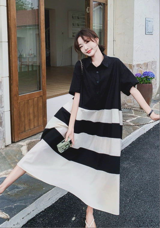 條紋拼接襯衫裙
