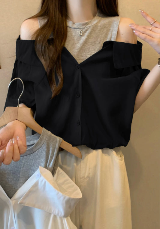 假兩件露肩襯衫