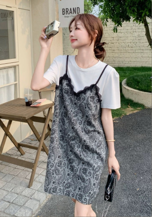 假兩件花紋T恤裙