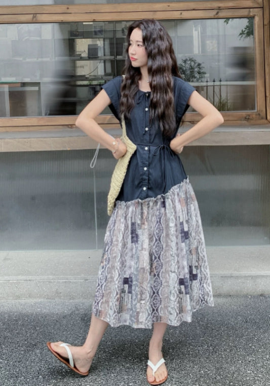 天絲牛仔拼接裙