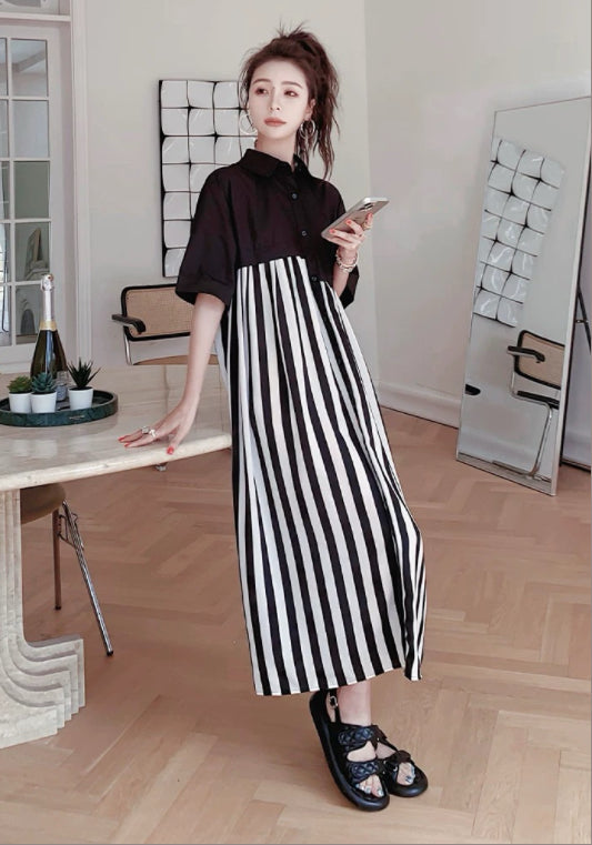 條紋拼接襯衫裙