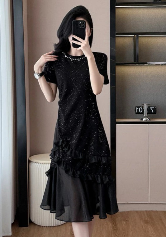 亮鑽木耳拼接裙