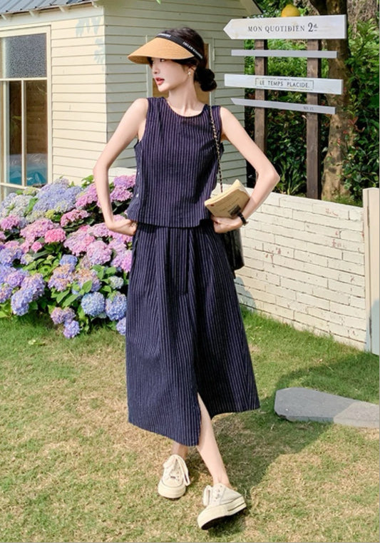 條紋無袖套裝