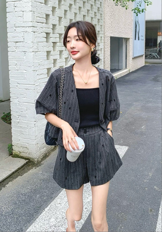 條紋短西裝兩件套