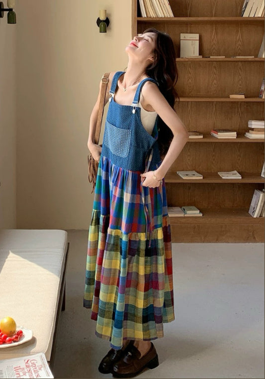 彩色格子背帶裙