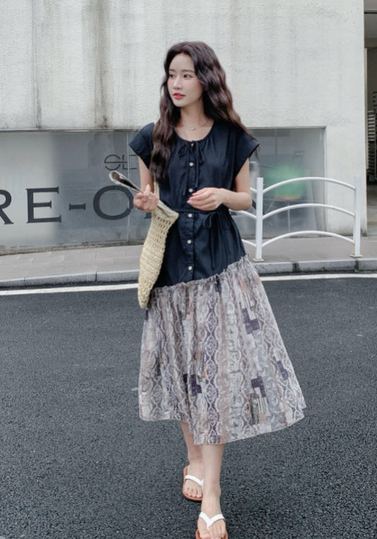 天絲牛仔拼接裙