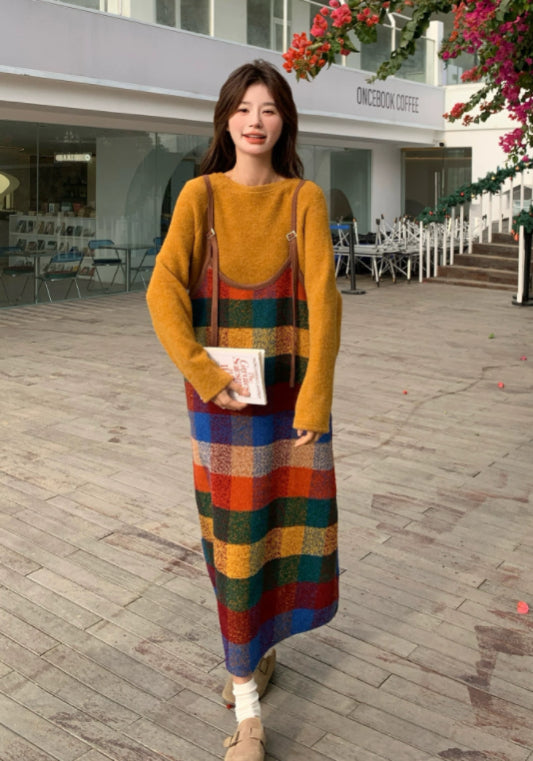 彩條紋背帶裙兩件套