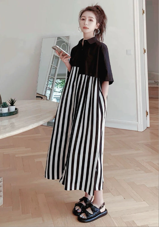 條紋拼接襯衫裙