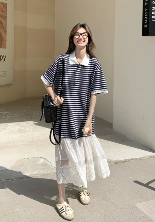 條紋蕾絲拼接裙