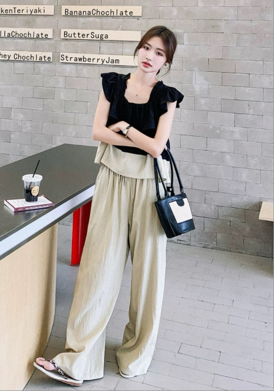 卡其黑撞色套裝