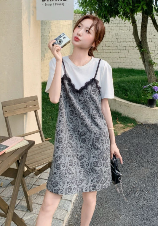 假兩件花紋T恤裙