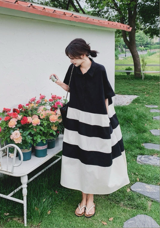 條紋拼接襯衫裙