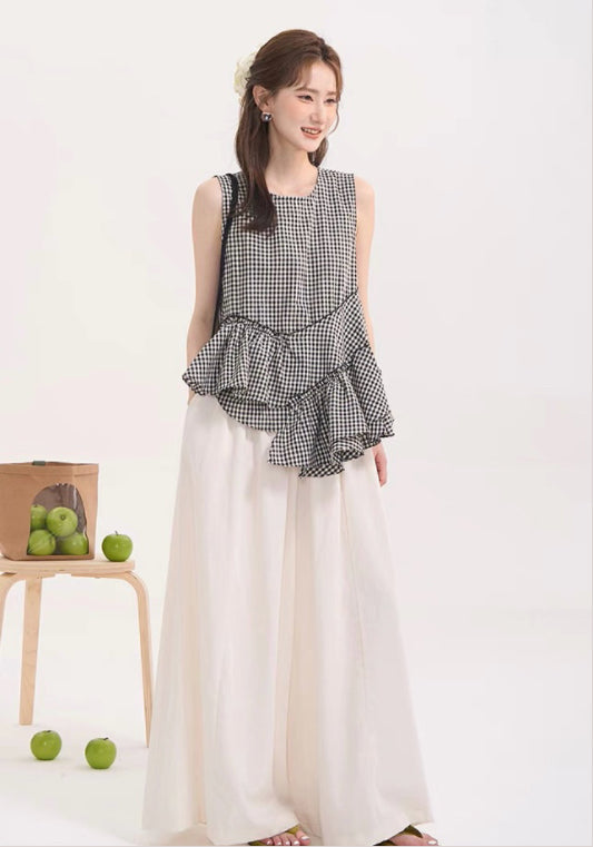 格子荷葉邊背心