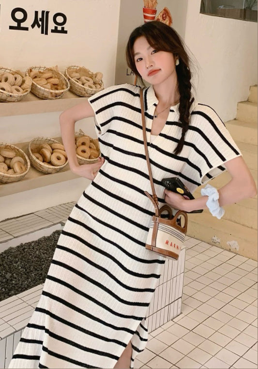 Polo領條紋連衣裙