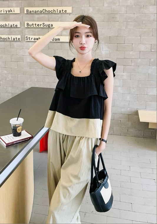 卡其黑撞色套裝