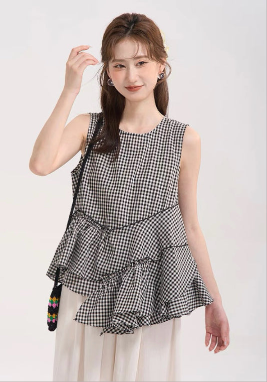 格子荷葉邊背心