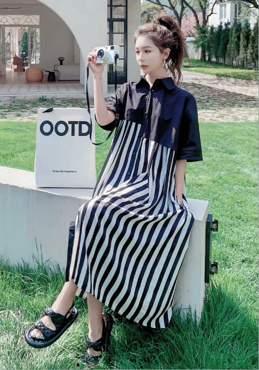 條紋拼接襯衫裙