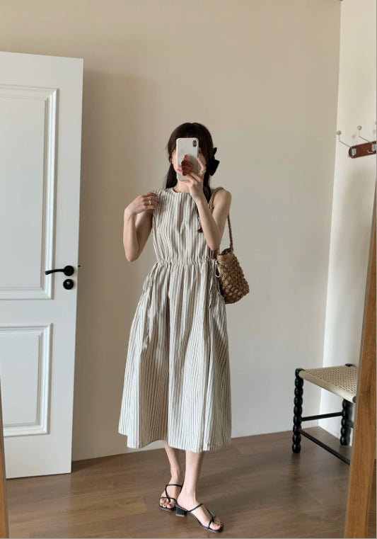 卡其無袖條紋裙