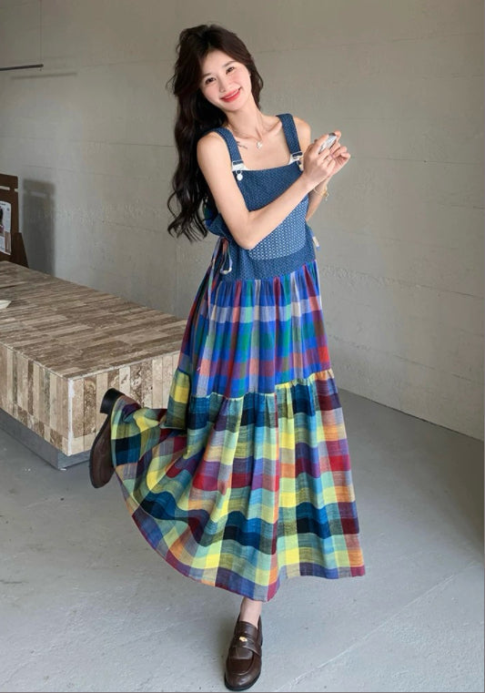 彩色格子背帶裙