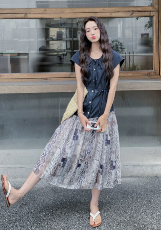 天絲牛仔拼接裙