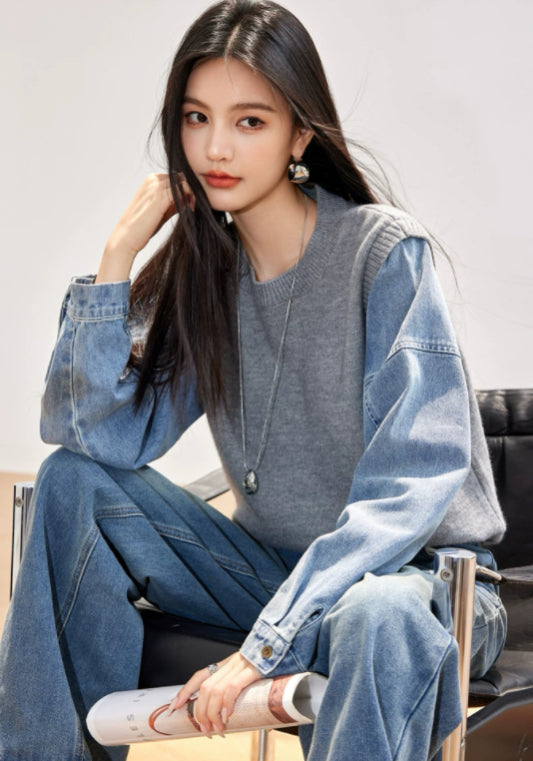 會藍牛仔拼接衛衣