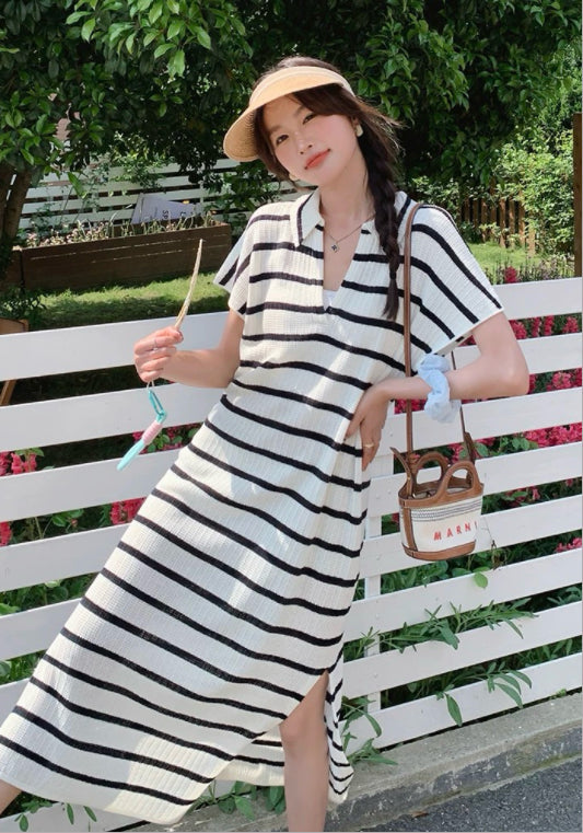 Polo領條紋連衣裙