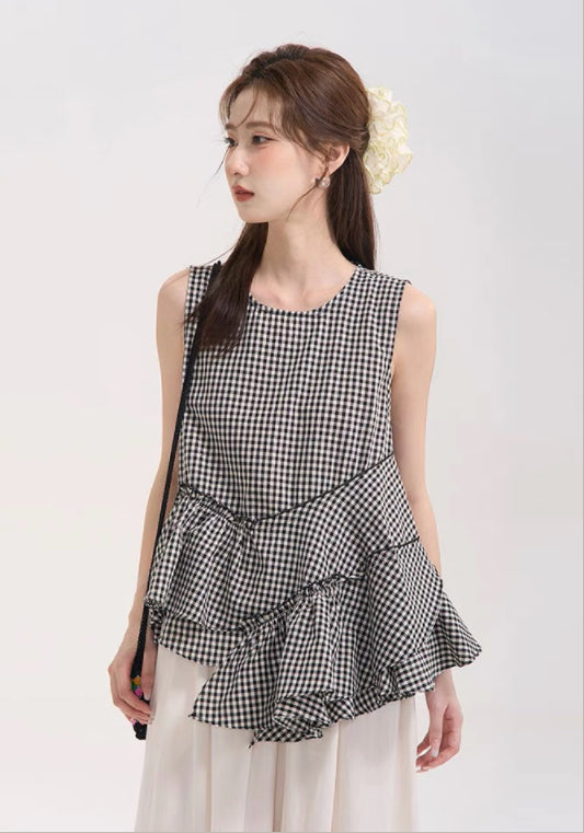 格子荷葉邊背心