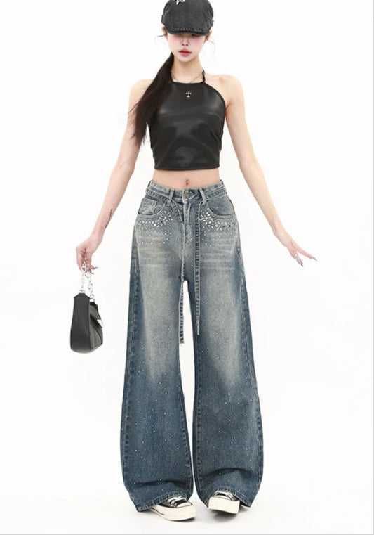 復古藍滿鑽牛仔褲