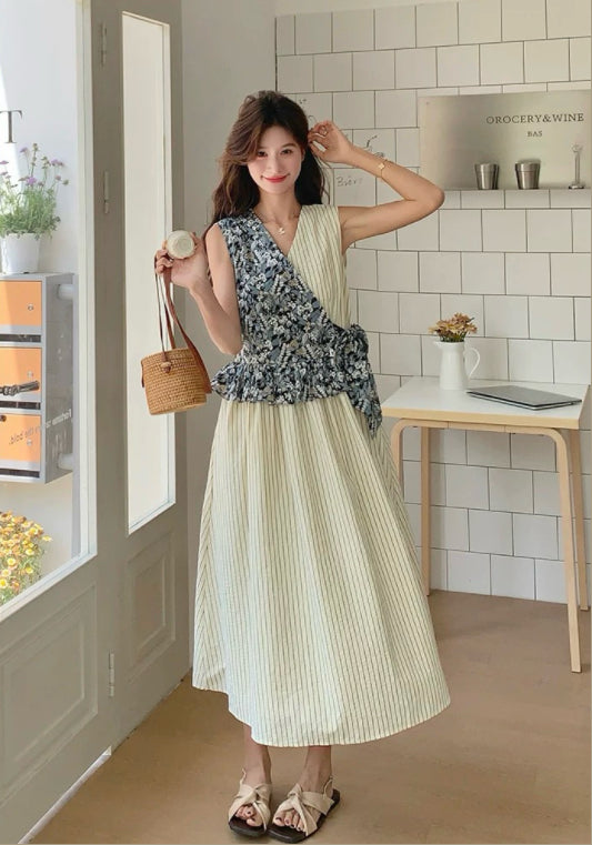 條紋碎花拼接裙