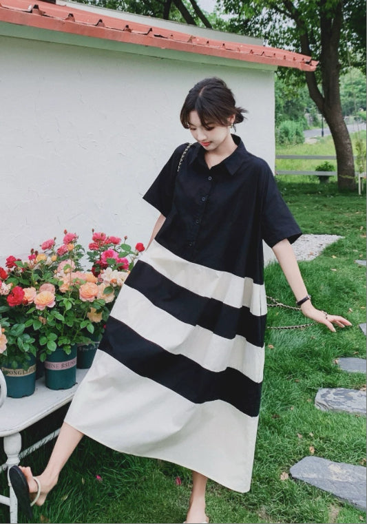 條紋拼接襯衫裙