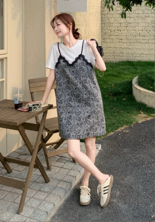 假兩件花紋T恤裙