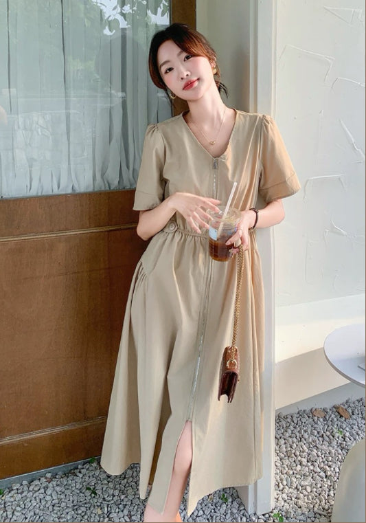 卡其拉鍊連衣裙