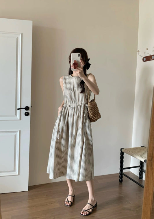 卡其無袖條紋裙