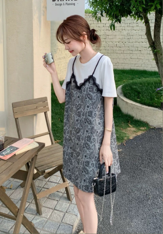 假兩件花紋T恤裙