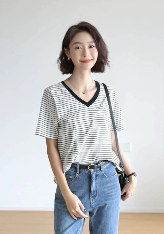V領條紋T恤