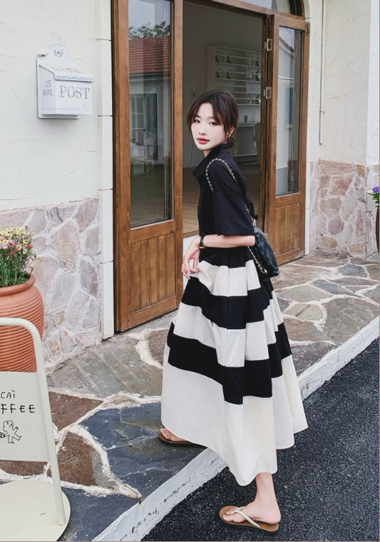 條紋拼接襯衫裙