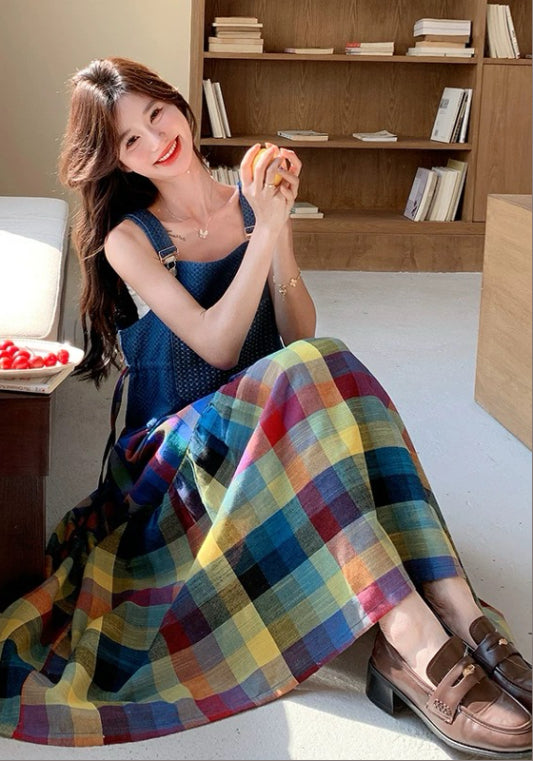 彩色格子背帶裙