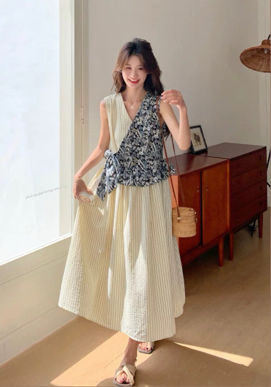 條紋碎花拼接裙