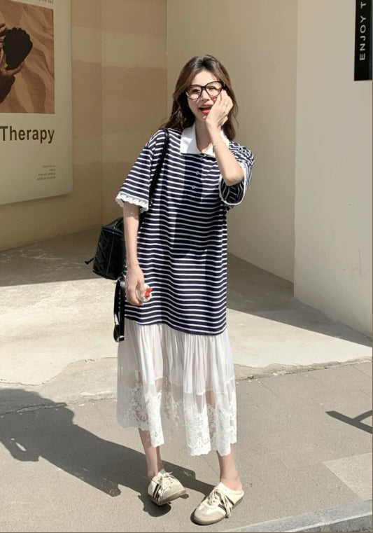 條紋蕾絲拼接裙