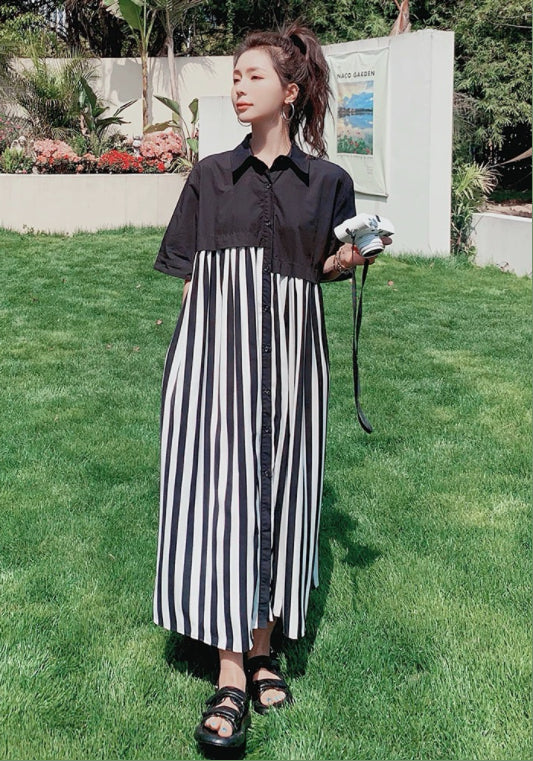 條紋拼接襯衫裙